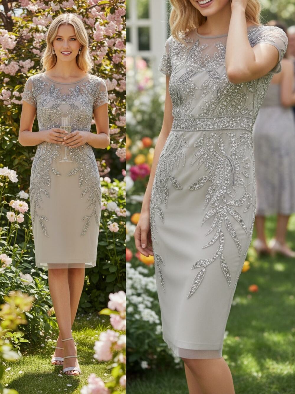 Adrianna Papell Silver Sequin Beaded Dress Wedding Guest Cocktail